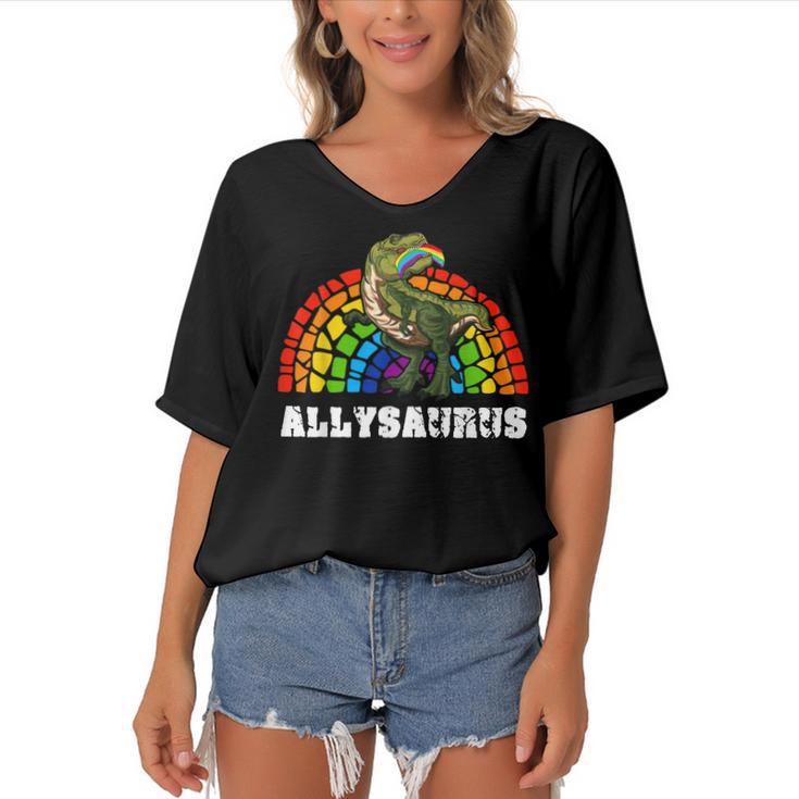 Allysaurus Dinosaur In Rainbow Flag For Ally Lgbt Pride  V3 Women's Bat Sleeves V-Neck Blouse