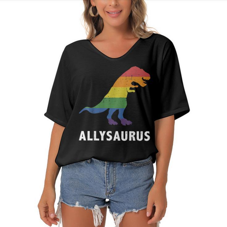 Allysaurus Dinosaur In Rainbow Flag For Ally Lgbt Pride  Women's Bat Sleeves V-Neck Blouse