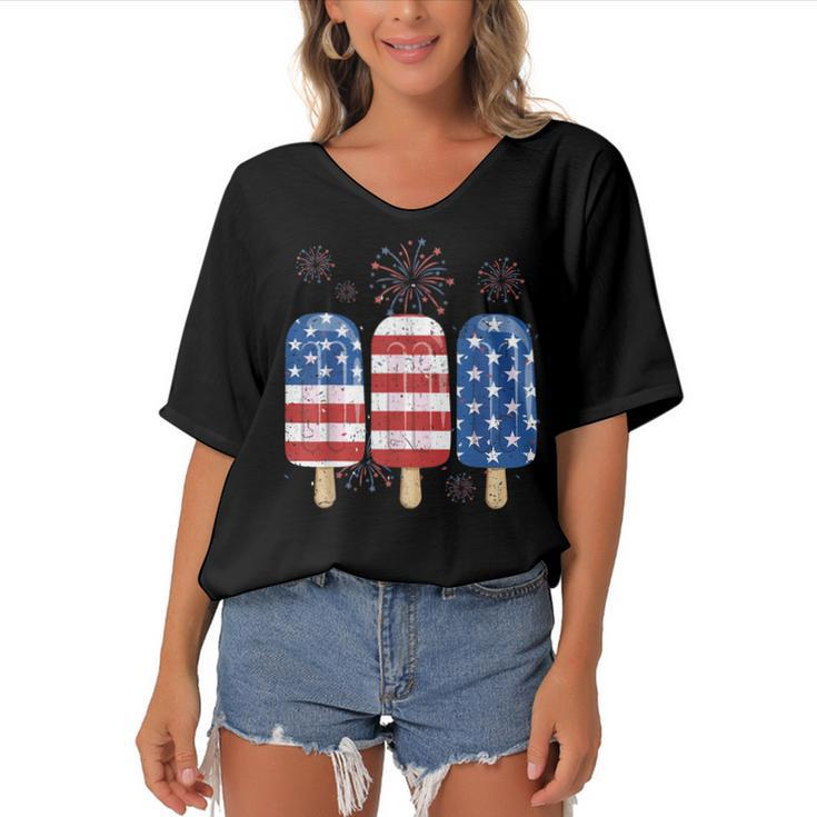 America 4Th Of July Popsicle Ice Cream Us Flag Patriotic  Women's Bat Sleeves V-Neck Blouse