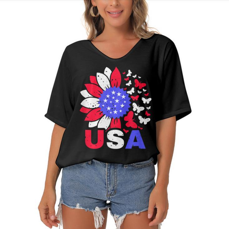 American Flag 4Th Of July Proud Usa Flower Girl  Women's Bat Sleeves V-Neck Blouse