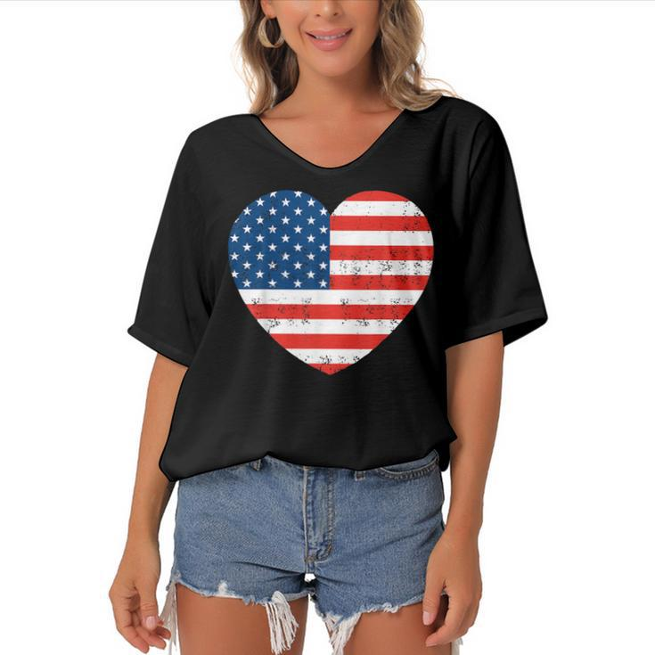 American Flag Heart 4Th Of July Usa Patriotic  V2 Women's Bat Sleeves V-Neck Blouse
