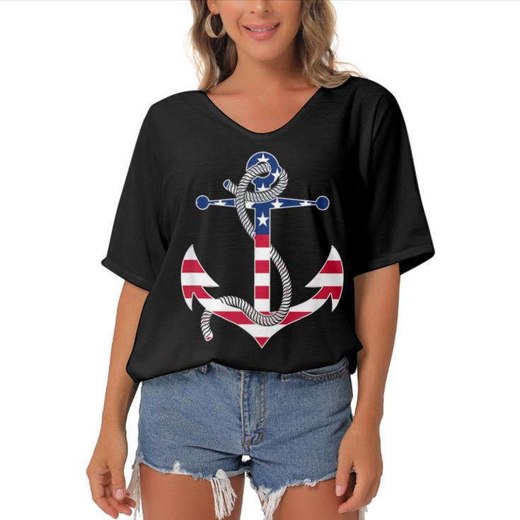 American Flag Patriotic Anchor - Memorial Day 4Th Of July  Women's Bat Sleeves V-Neck Blouse