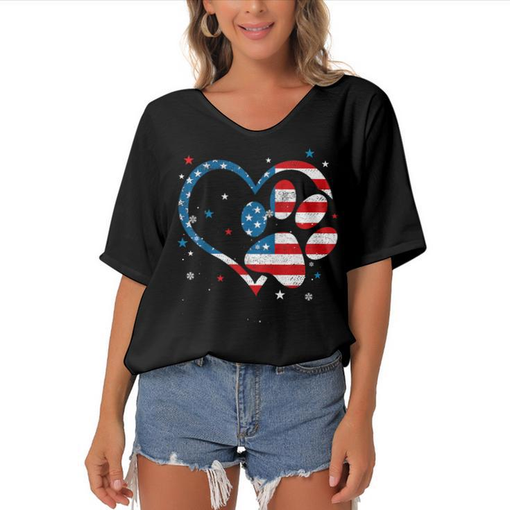 American Flag Patriotic Dog & Cat Paw Print - 4Th Of July  Women's Bat Sleeves V-Neck Blouse