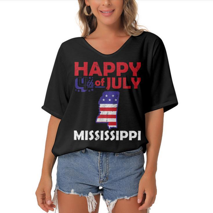 American Independence Day 4Th July Veteran Mississippi  Women's Bat Sleeves V-Neck Blouse