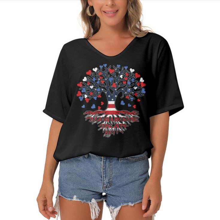 American Tree 4Th Of July Usa Flag Hearts Roots Patriotic  Women's Bat Sleeves V-Neck Blouse