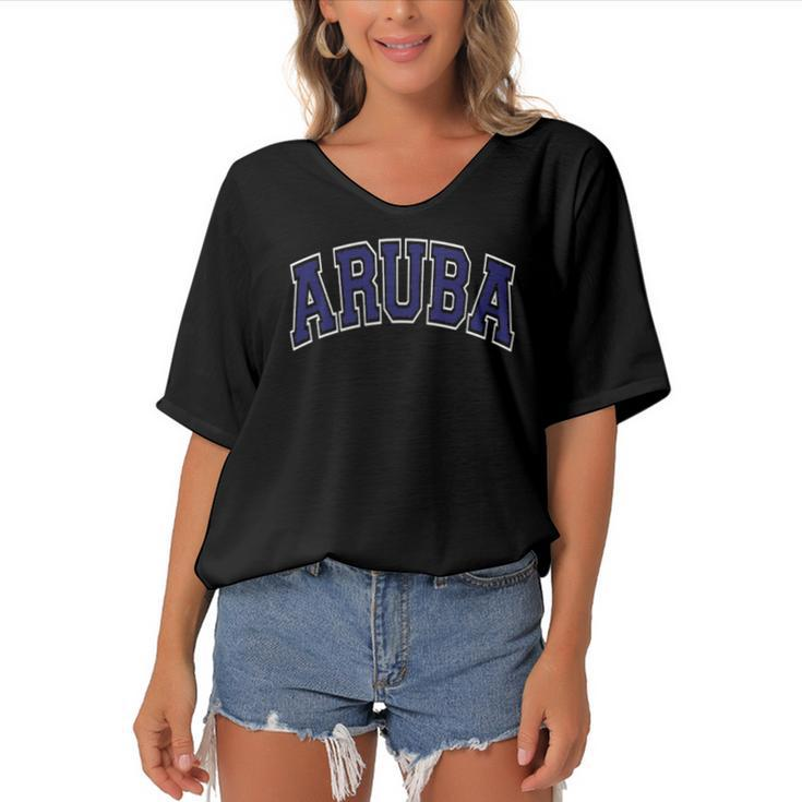 Aruba Varsity Style Navy Blue Text Women's Bat Sleeves V-Neck Blouse
