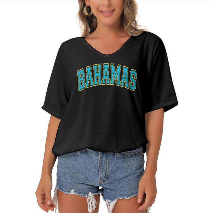 Bahamas Varsity Style Teal Text With Yellow Outline Women's Bat Sleeves V-Neck Blouse