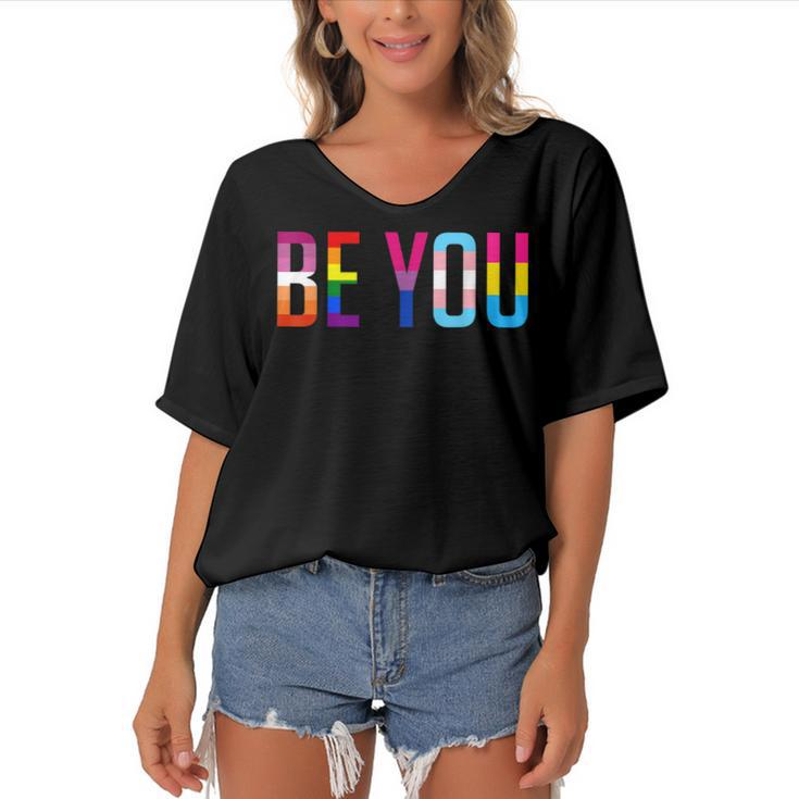 Be You Lgbt Flag Gay Pride Month Transgender Rainbow Lesbian  Women's Bat Sleeves V-Neck Blouse