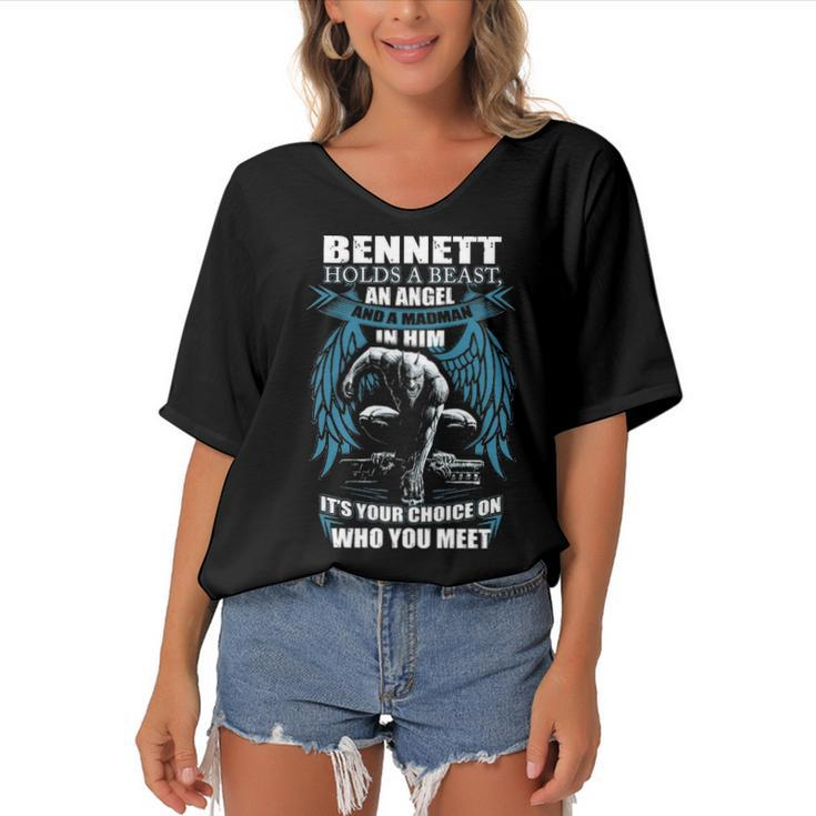 Bennett Name Gift   Bennett And A Mad Man In Him Women's Bat Sleeves V-Neck Blouse