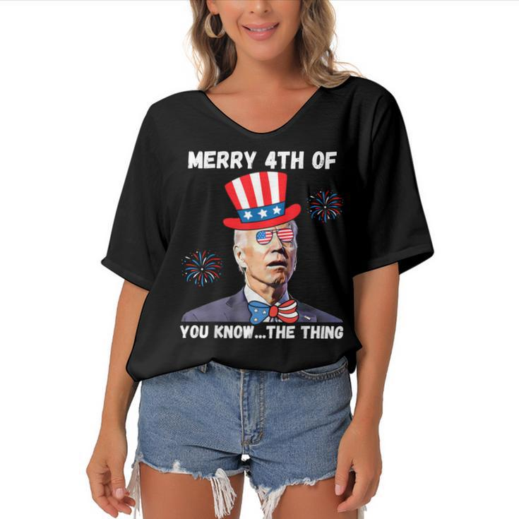 Biden Dazed Merry 4Th Of You Know The Thing 4Th Of July  Women's Bat Sleeves V-Neck Blouse