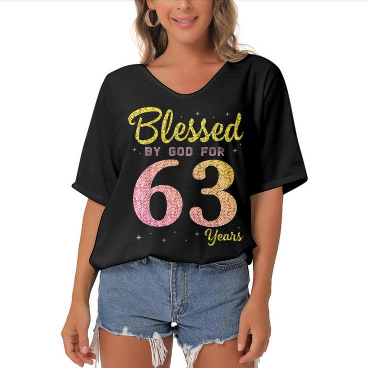 Blessed Birthday By God For 63 Years Old Happy To Me You Mom  Women's Bat Sleeves V-Neck Blouse