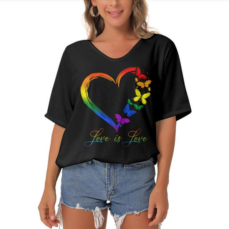 Butterfly Heart Rainbow Love Is Love Lgbt Gay Lesbian Pride  Women's Bat Sleeves V-Neck Blouse