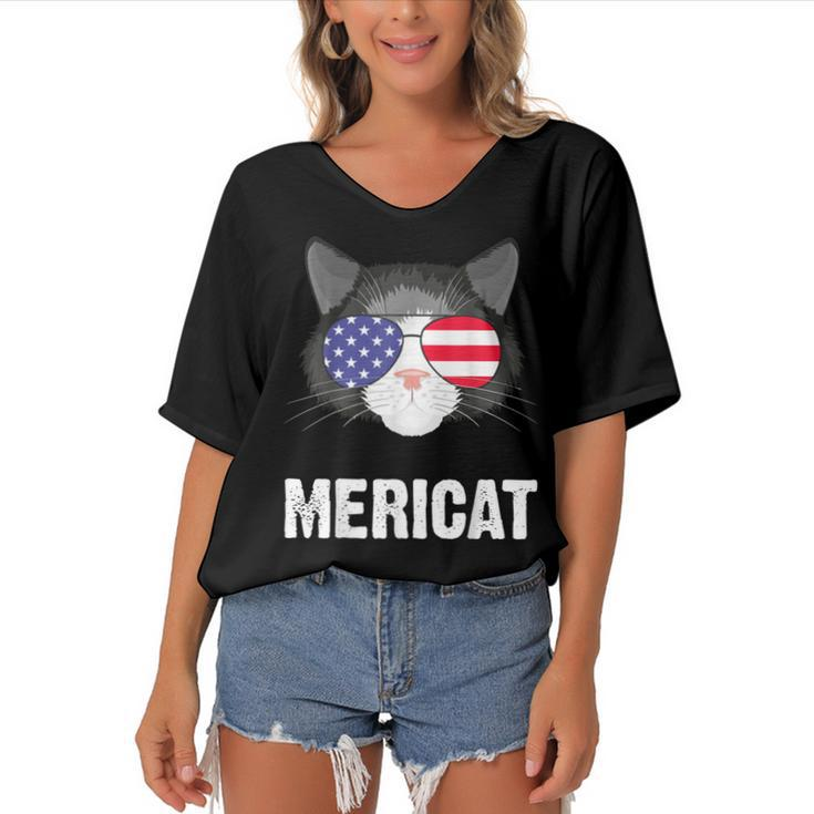 Cat American Flag Independence Day Mericat 4Th Of July  Women's Bat Sleeves V-Neck Blouse