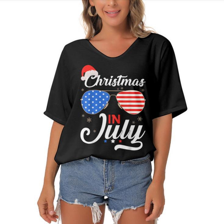 Christmas In July Funny 4Th Of July Beach Summer Christmas  Women's Bat Sleeves V-Neck Blouse