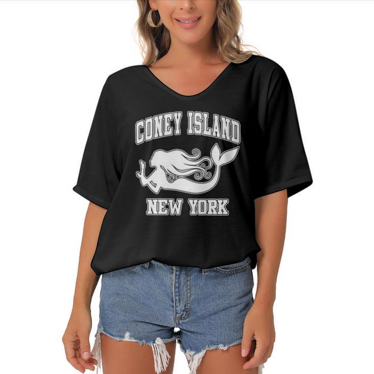 Coney Island Mermaid New York Nyc Beaches Brooklyn Gift  Women's Bat Sleeves V-Neck Blouse