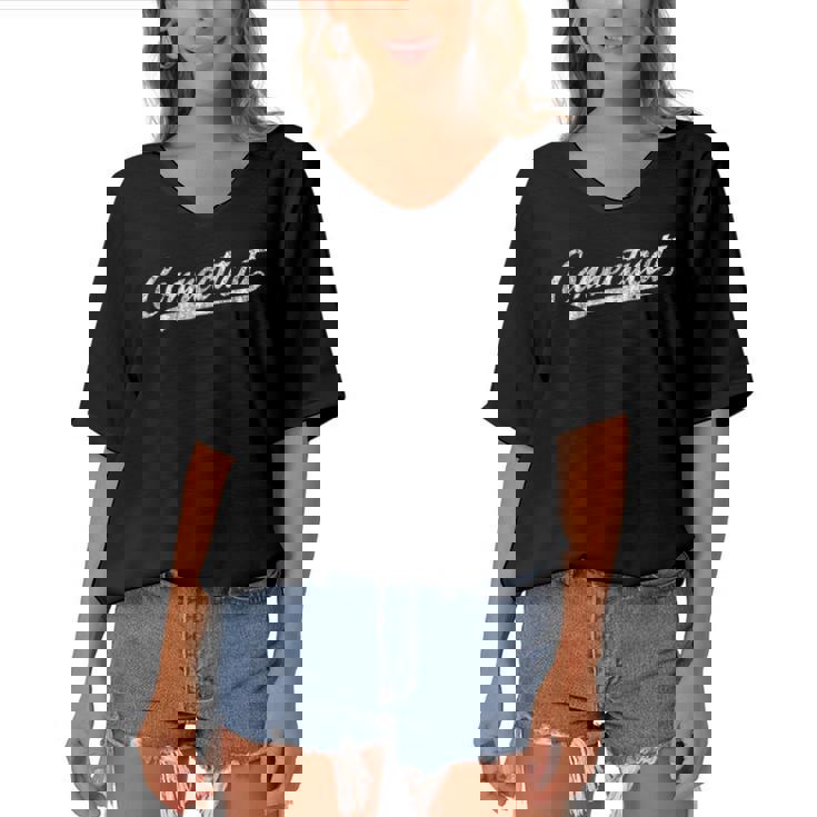 Connecticut Ct Vintage Sports Script Retro Tee Women's Bat Sleeves V-Neck Blouse