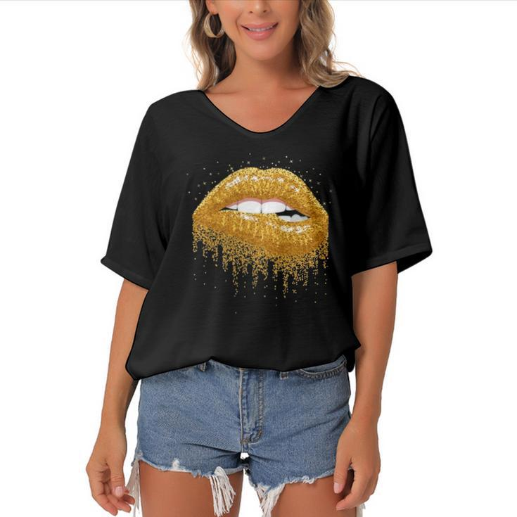 Cool Lips Bite Kiss Me -Gold Sparkle- Sexy Lips Gift Women's Bat Sleeves V-Neck Blouse