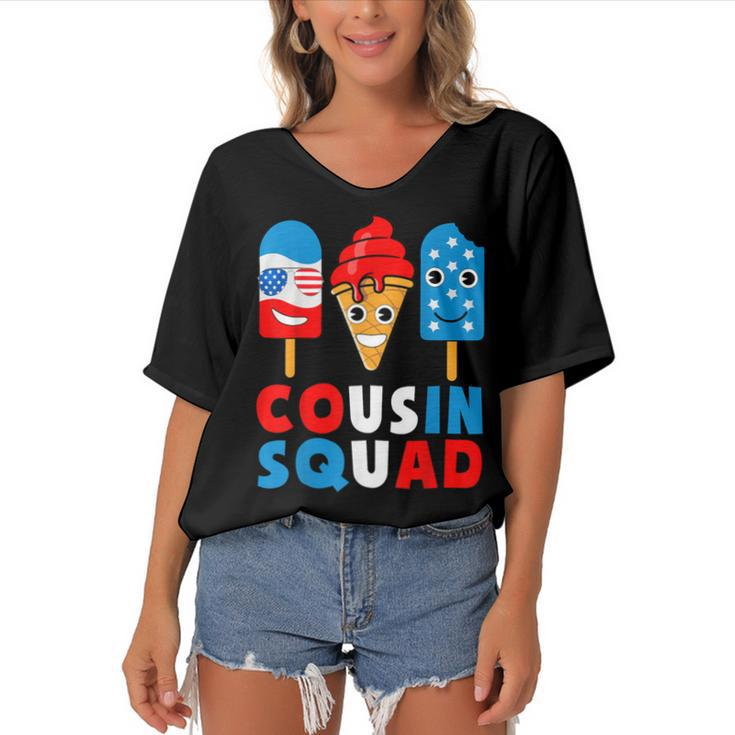 Cousin Squad 4Th Of July Cousin Crew American Flag Ice Pops  Women's Bat Sleeves V-Neck Blouse