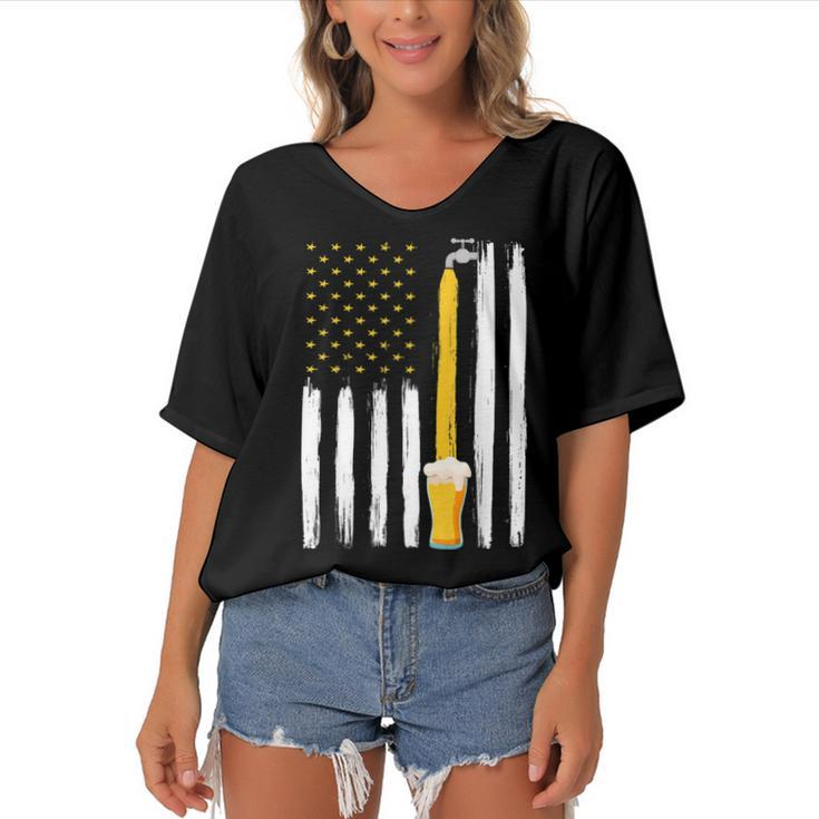 Crafts Beer American Flag Usa 4Th July Brewery Alcohol Lover  Women's Bat Sleeves V-Neck Blouse