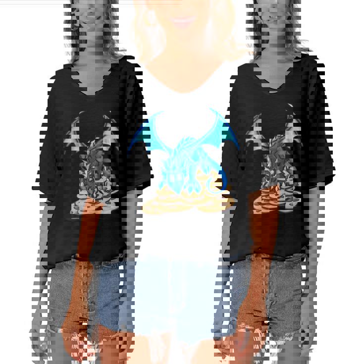 Cute Blue Dragon And His Cookie Treasure Hoard  Women's Bat Sleeves V-Neck Blouse