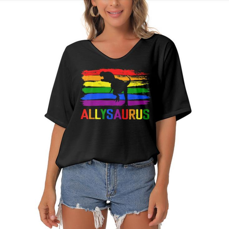 Dinosaur Lgbt Gay Pride Flag Allysaurus Ally T Rex Men Boys  Women's Bat Sleeves V-Neck Blouse