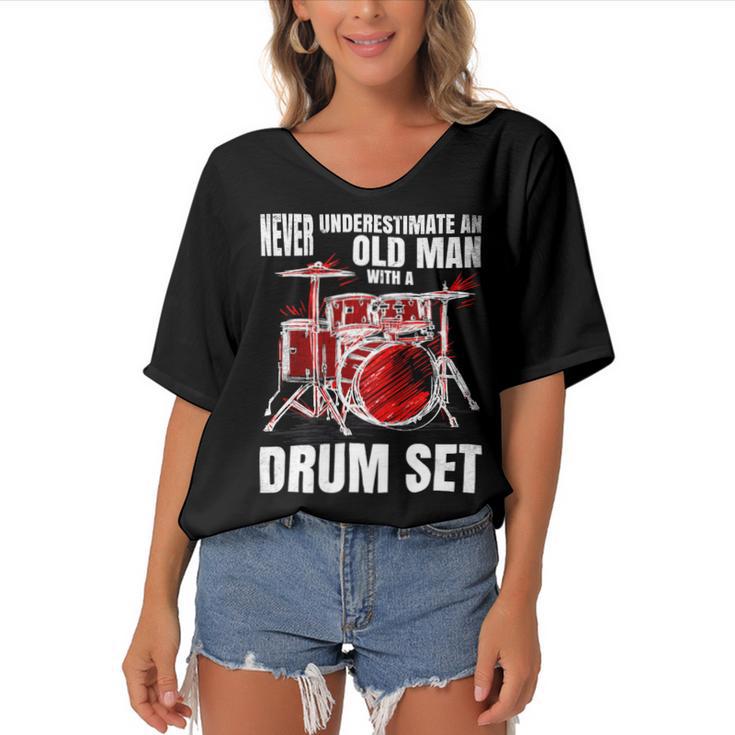 Drummer Never Underestimate An Old Man With A Drum Set 24Ya69 Women's Bat Sleeves V-Neck Blouse