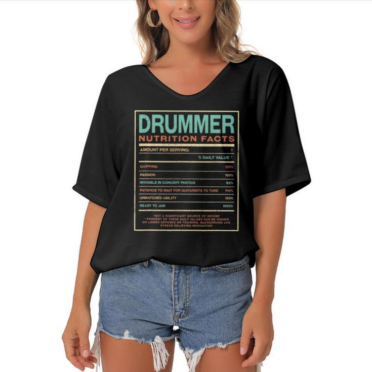 Drummer Nutrition Facts Funny Drum Player Humor Women's Bat Sleeves V-Neck Blouse