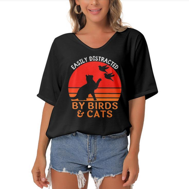 Easily Distracted By Birds And Cats Funny Bird And Cat Lover Women's Bat Sleeves V-Neck Blouse