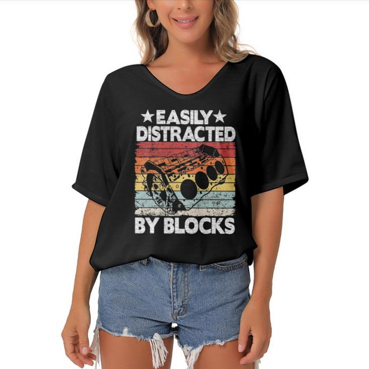 Easily Distracted By Blocks Racing Car Parts Funny Mechanic Women's Bat Sleeves V-Neck Blouse
