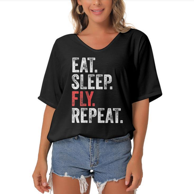 Eat Sleep Fly Repeat Aviation Pilot Funny Vintage Distressed Women's Bat Sleeves V-Neck Blouse