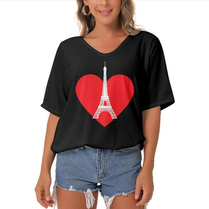 Eiffel Tower Heart For Paris Downtown France City Of Love Women's Bat Sleeves V-Neck Blouse