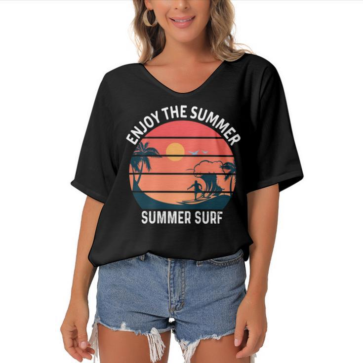 Enjoy The Summer Sunset Waves  Summer Surf Shirt Design  Women's Bat Sleeves V-Neck Blouse