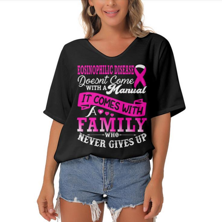 Eosinophilic Disease Doesnt Come With A Manual It Comes With A Family Who Never Gives Up  Pink Ribbon  Eosinophilic Disease  Eosinophilic Disease Awareness Women's Bat Sleeves V-Neck Blouse