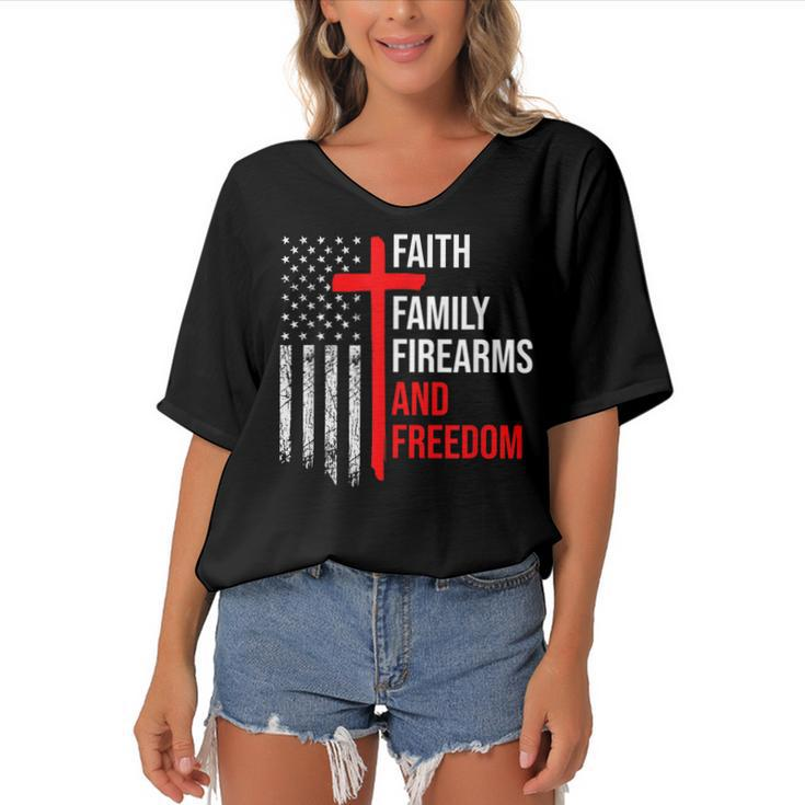 Faith Family Firearms And Freedom 4Th Of July Flag Christian  Women's Bat Sleeves V-Neck Blouse