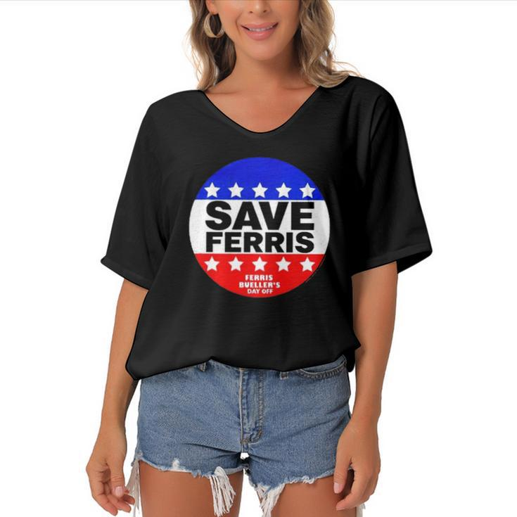 Ferris Buellers Day Off Save Ferris Badge Women's Bat Sleeves V-Neck Blouse