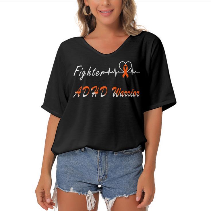 Fighter Adhd Warrior Heartbeat Orange Ribbon Attention Deficit Hyperactivity Disorder Adhd Awareness Women's Bat Sleeves V-Neck Blouse