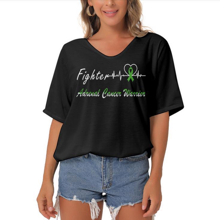 Fighter Adrenal Cancer Warrior Heartbeat  Green Ribbon  Adrenal Cancer  Adrenal Cancer Awareness Women's Bat Sleeves V-Neck Blouse