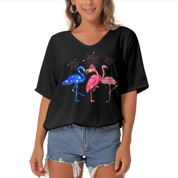 Flamingos Usa Flag 4Th Of July Independence Day Patriotic   Women's Bat Sleeves V-Neck Blouse