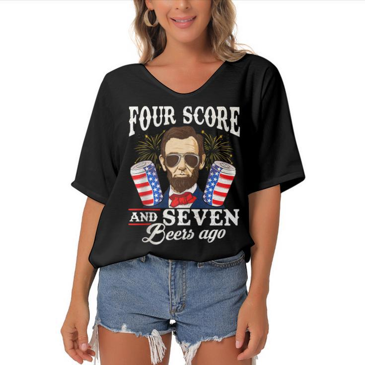 Four Score And 7 Beers Ago 4Th Of July Drinking Like Lincoln  Women's Bat Sleeves V-Neck Blouse