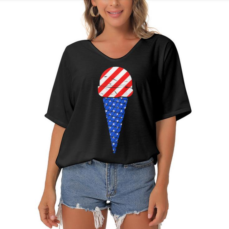 Fourth Of July American Flag Ice Cream  Women's Bat Sleeves V-Neck Blouse