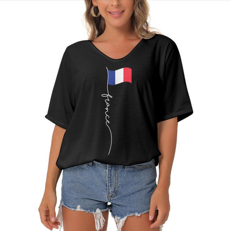 France Signature Flag Pole - Elegant Patriotic French Flag  Women's Bat Sleeves V-Neck Blouse