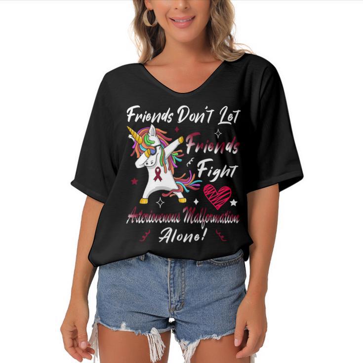 Friends Dont Let Friends Fight Arteriovenous Malformation Alone  Unicorn Burgundy Ribbon  Arteriovenous Malformation Support  Arteriovenous Malformation Awareness Women's Bat Sleeves V-Neck Blouse