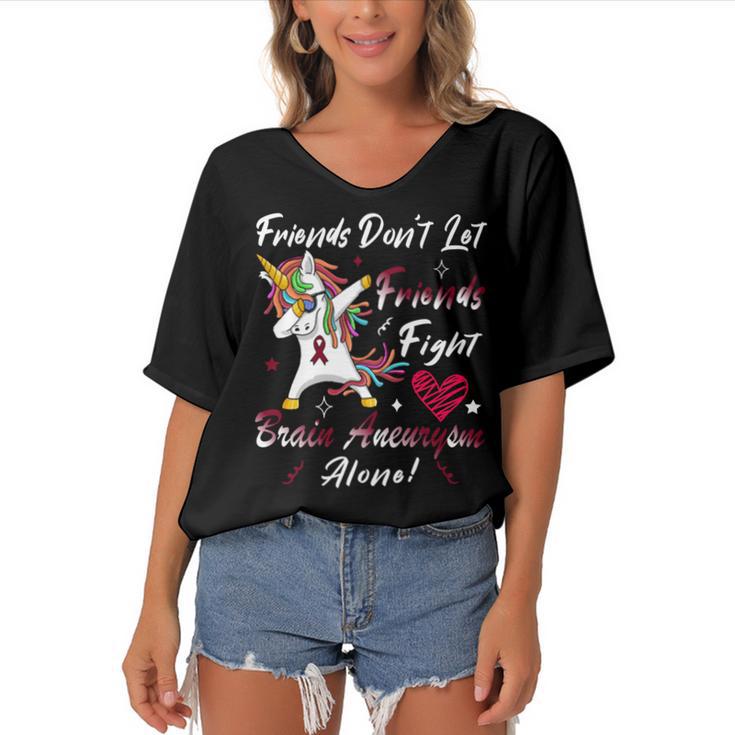 Friends Dont Let Friends Fight Brain Aneurysm Alone  Unicorn Burgundy Ribbon  Brain Aneurysm  Bpd Brain Aneurysm V2 Women's Bat Sleeves V-Neck Blouse