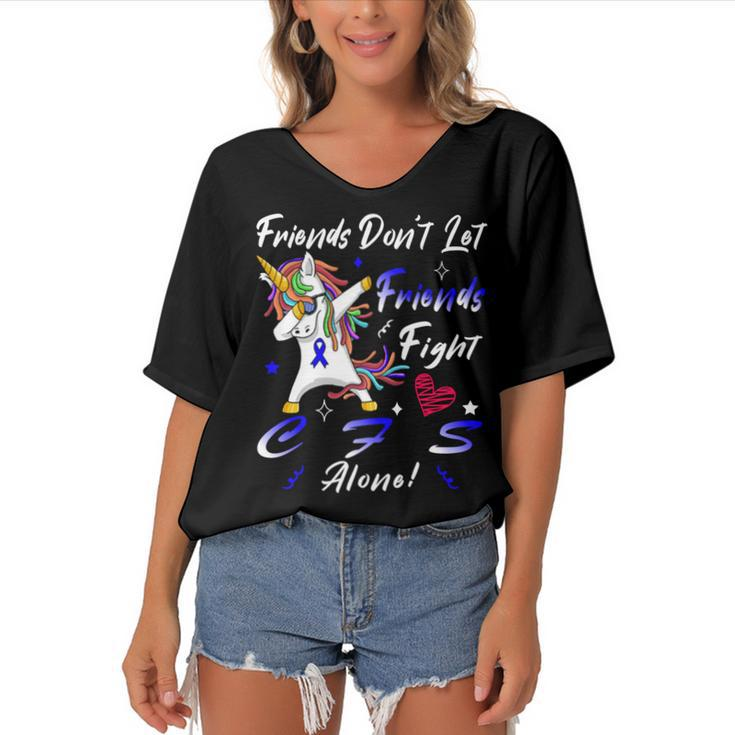 Friends Dont Let Friends Fight Chronic Fatigue Syndrome Cfs Alone  Unicorn Blue Ribbon  Chronic Fatigue Syndrome Support  Cfs Awareness Women's Bat Sleeves V-Neck Blouse