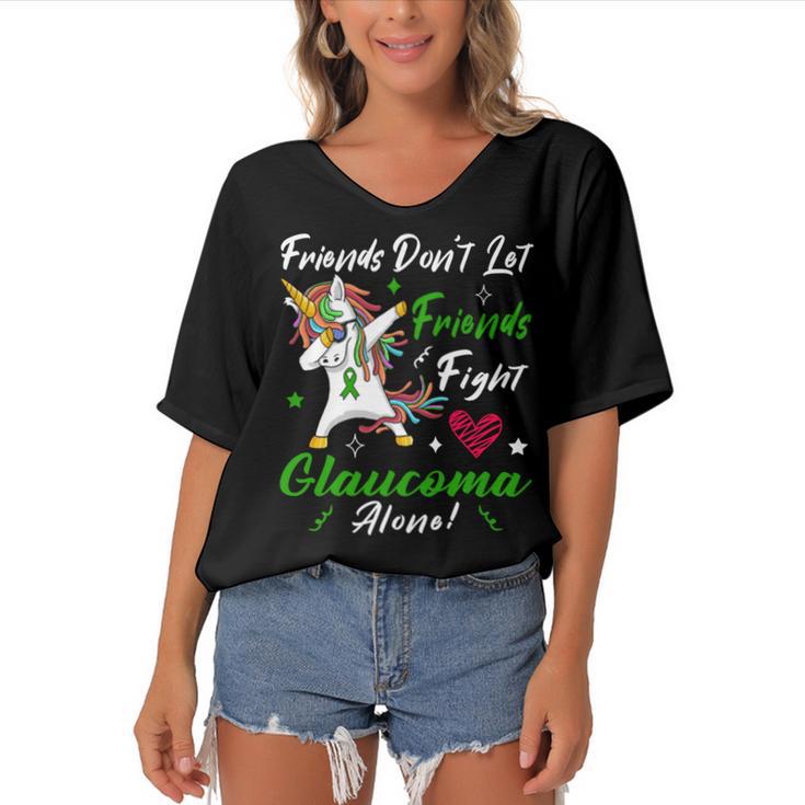 Friends Dont Let Friends Fight Glaucoma Alone  Unicorn Green Ribbon  Glaucoma  Glaucoma Awareness Women's Bat Sleeves V-Neck Blouse