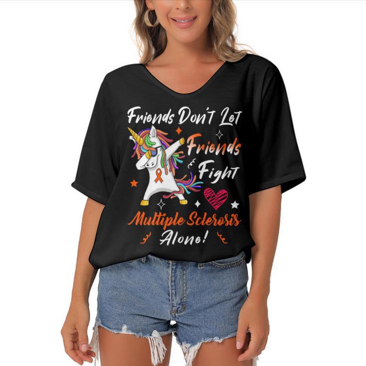 Friends Dont Let Friends Fight Multiple Sclerosis Alone  Unicorn Orange Ribbon  Multiple Sclerosis  Multiple Sclerosis Awareness Women's Bat Sleeves V-Neck Blouse