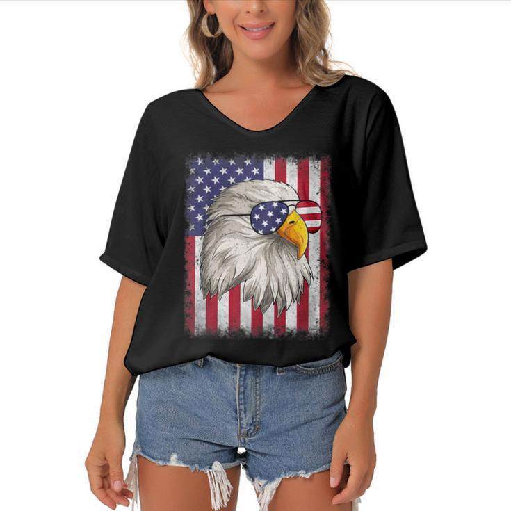 Funny 4Th Of July Usa Flag American Patriotic Eagle  Women's Bat Sleeves V-Neck Blouse