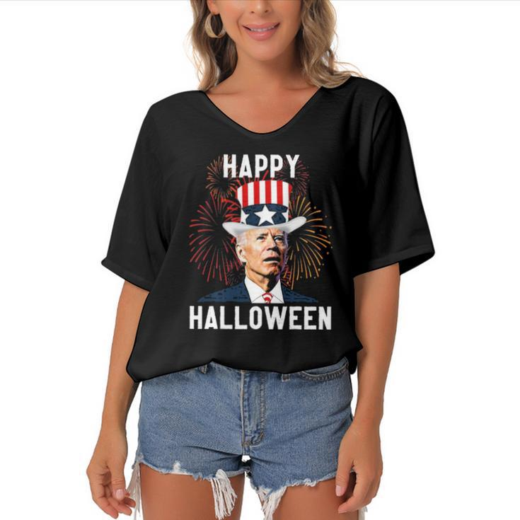 Funny Anti Biden Joe Biden Happy Halloween For Fourth Of July Women's Bat Sleeves V-Neck Blouse