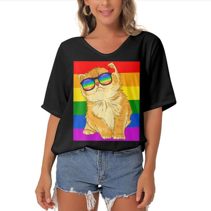 Funny Cat Lgbt Gay Rainbow Pride Flag Boys Men Girls Women  Women's Bat Sleeves V-Neck Blouse