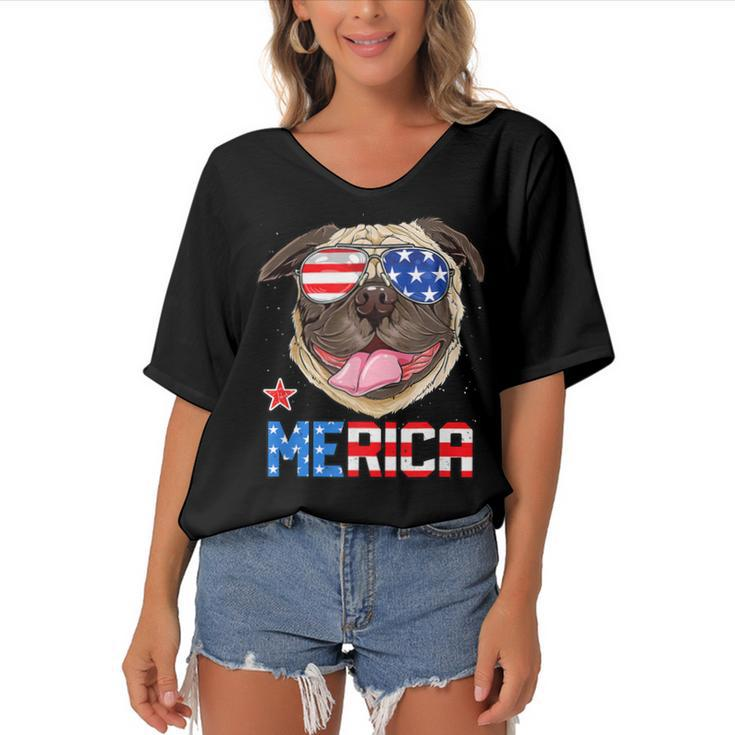 Funny Pug 4Th Of July Merica Mens Womens Kids American Flag  Women's Bat Sleeves V-Neck Blouse